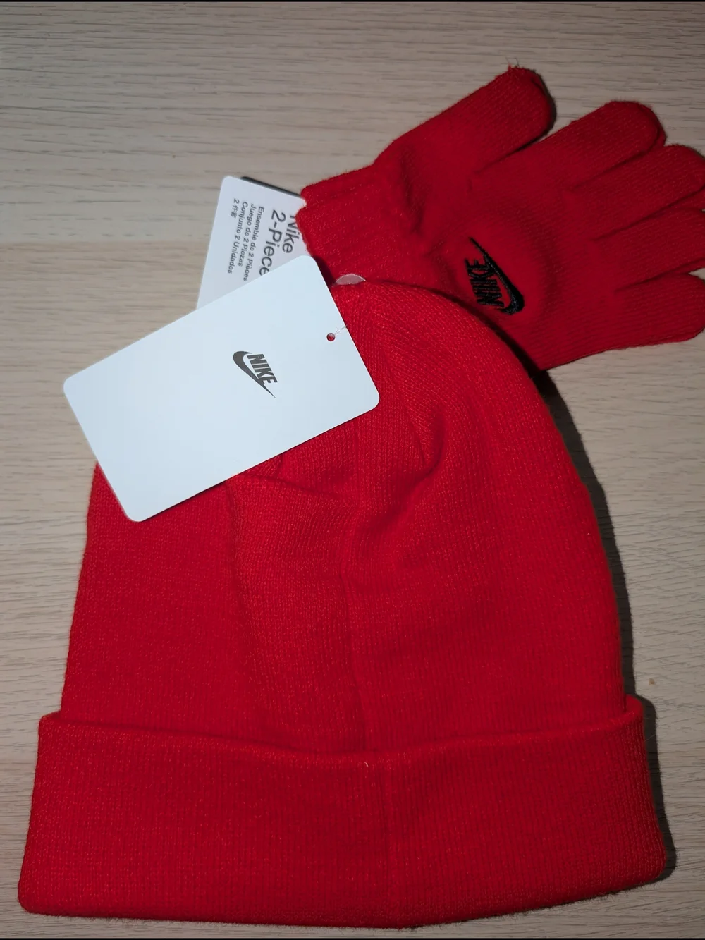 Nike Youth Red Knit Beanie and Glove Set with Black Logo